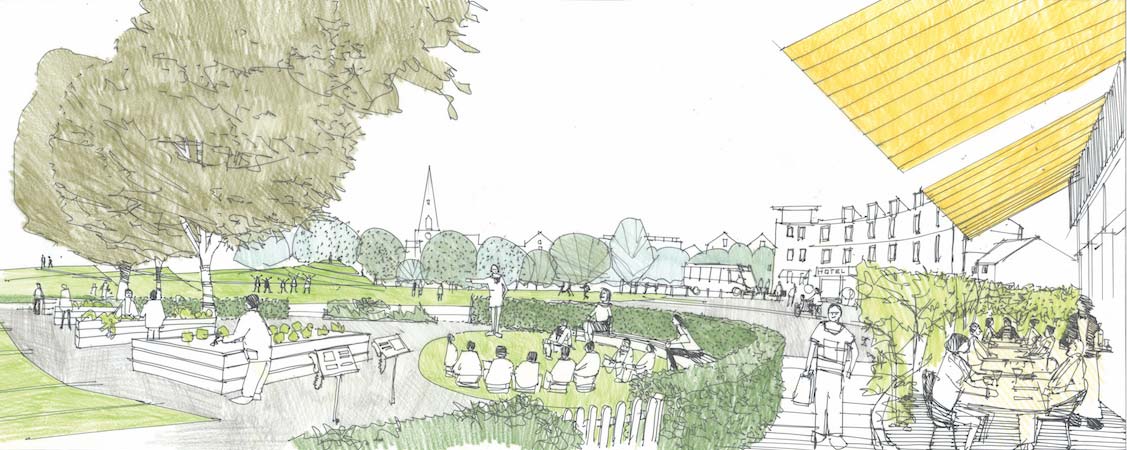 An illustration of a green outdoor space in a town centre with people learning, walking and planting in the area.