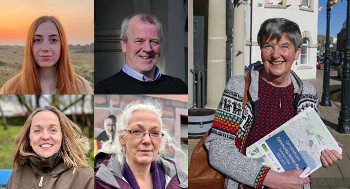 A composite image of portraits of five people who have participated in the climate action towns project