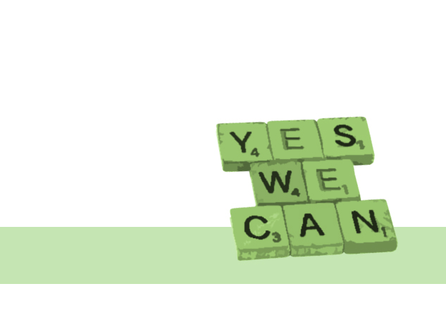 The phrase "yes we can" is written with scrabble letter tiles.