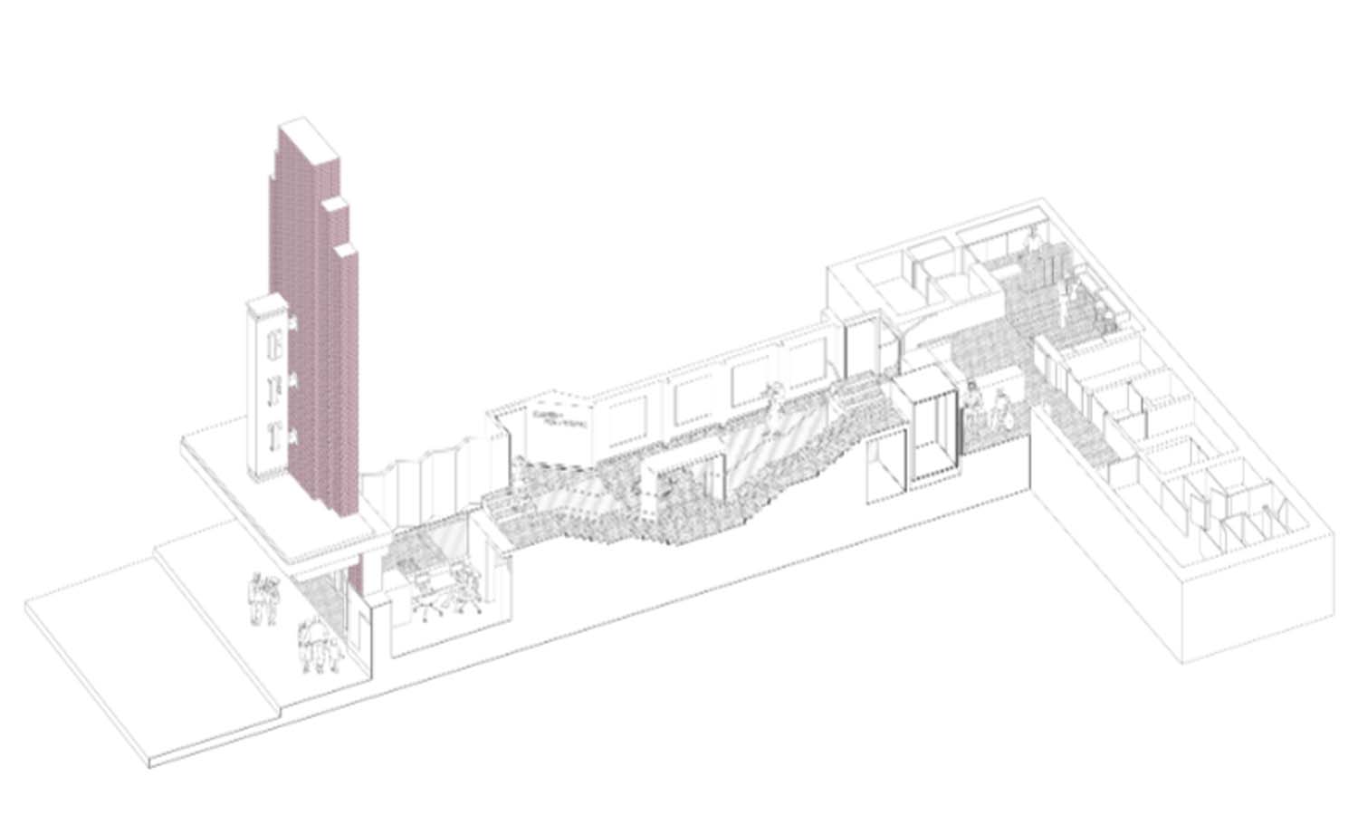 An architectural drawing of Glasgow Film Theatre the main part of the image is black and white with a key section highlighted in a warm red colour