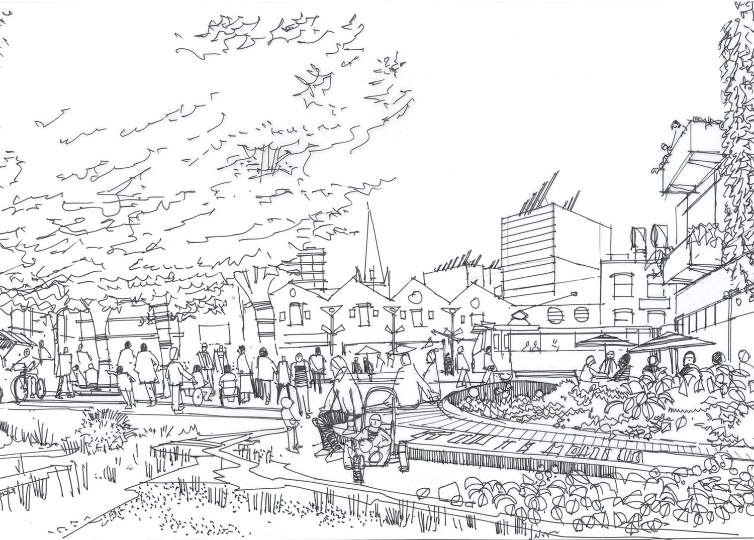 An architectural sketch of green space in a town centre with people sitting and walking in the area.