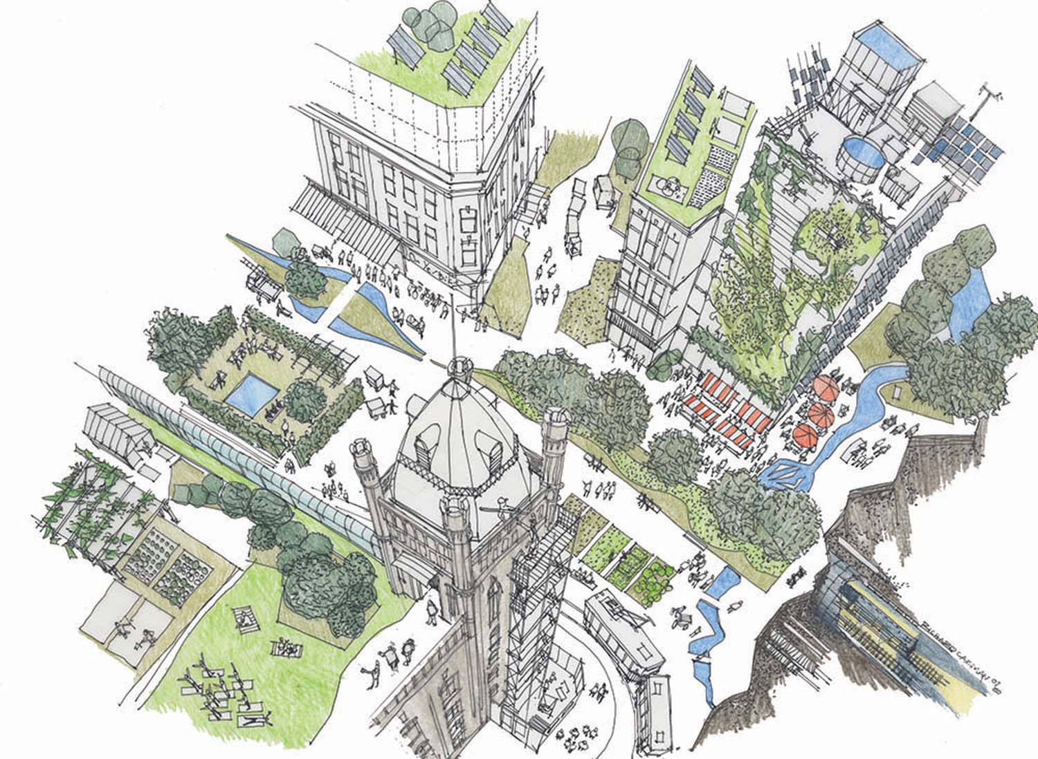 A colourful aerial sketch of high risers, green spaces, rivers and people in a city centre designed to adapt to a climate emergency.