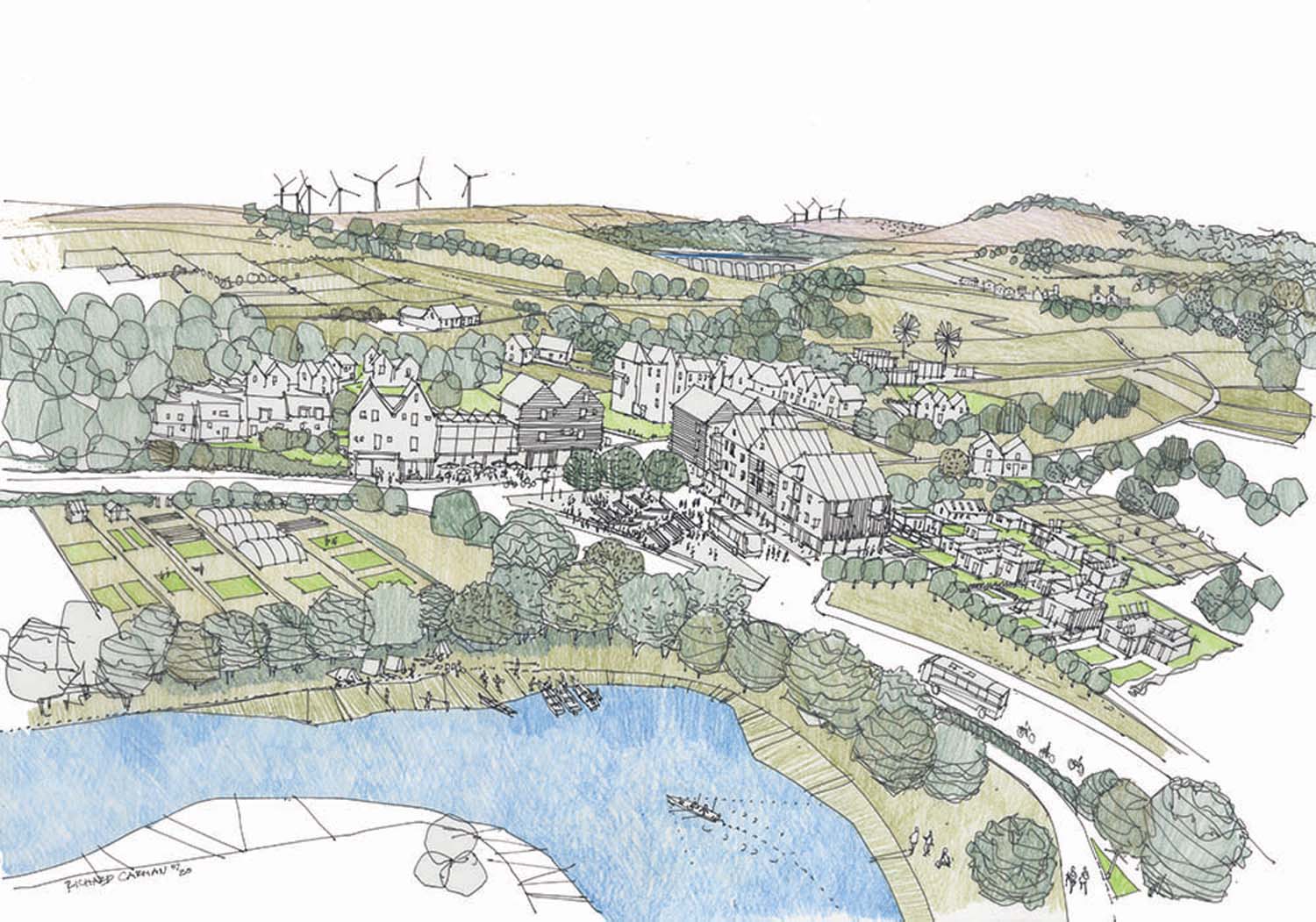 A pencil illustration birds-eye view of a rural community along a river, showing green fields, and a cluster of buildings.