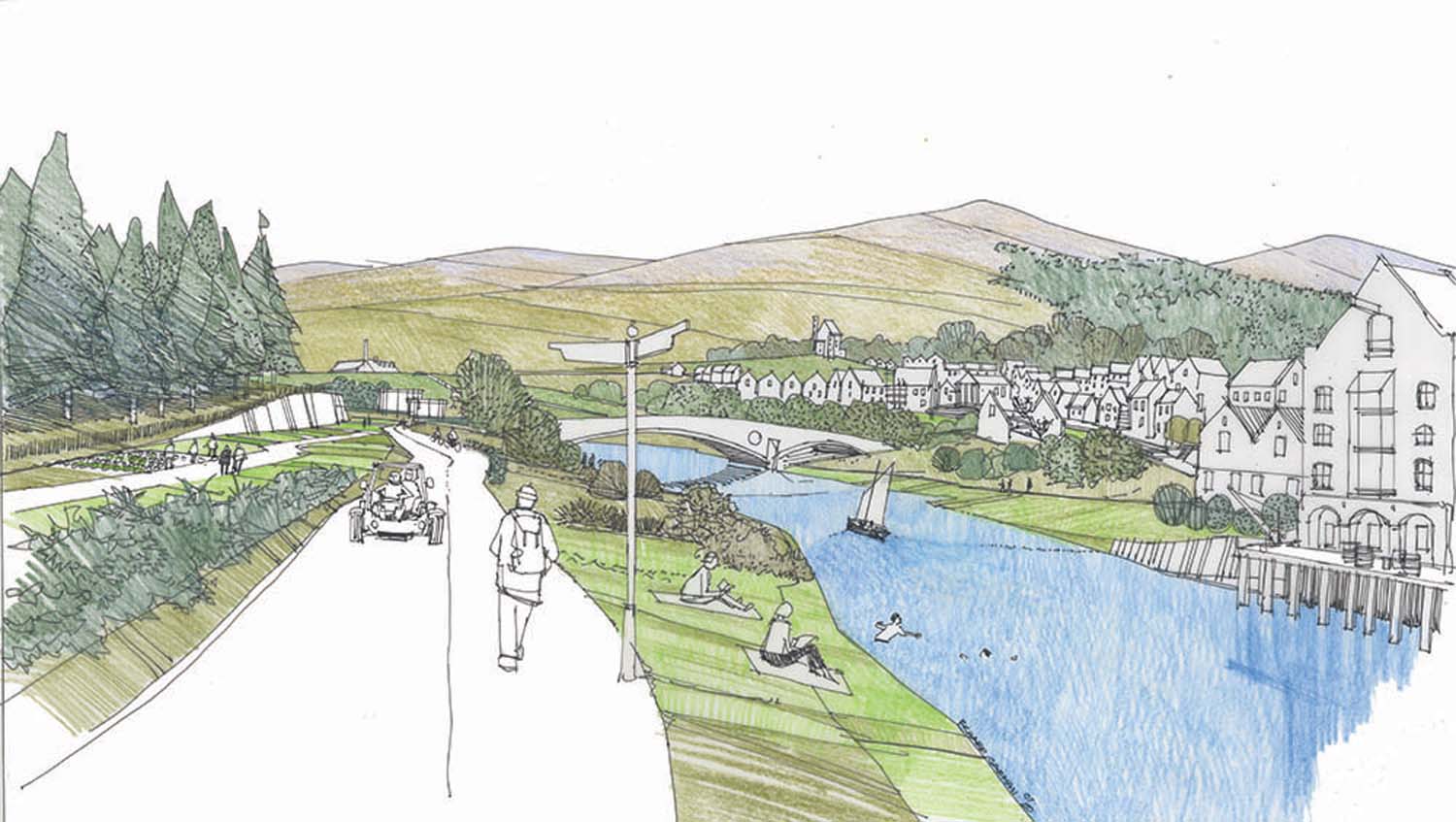 An architectural sketch of people walking on a pathway and relaxing by a river beside a town centre. 