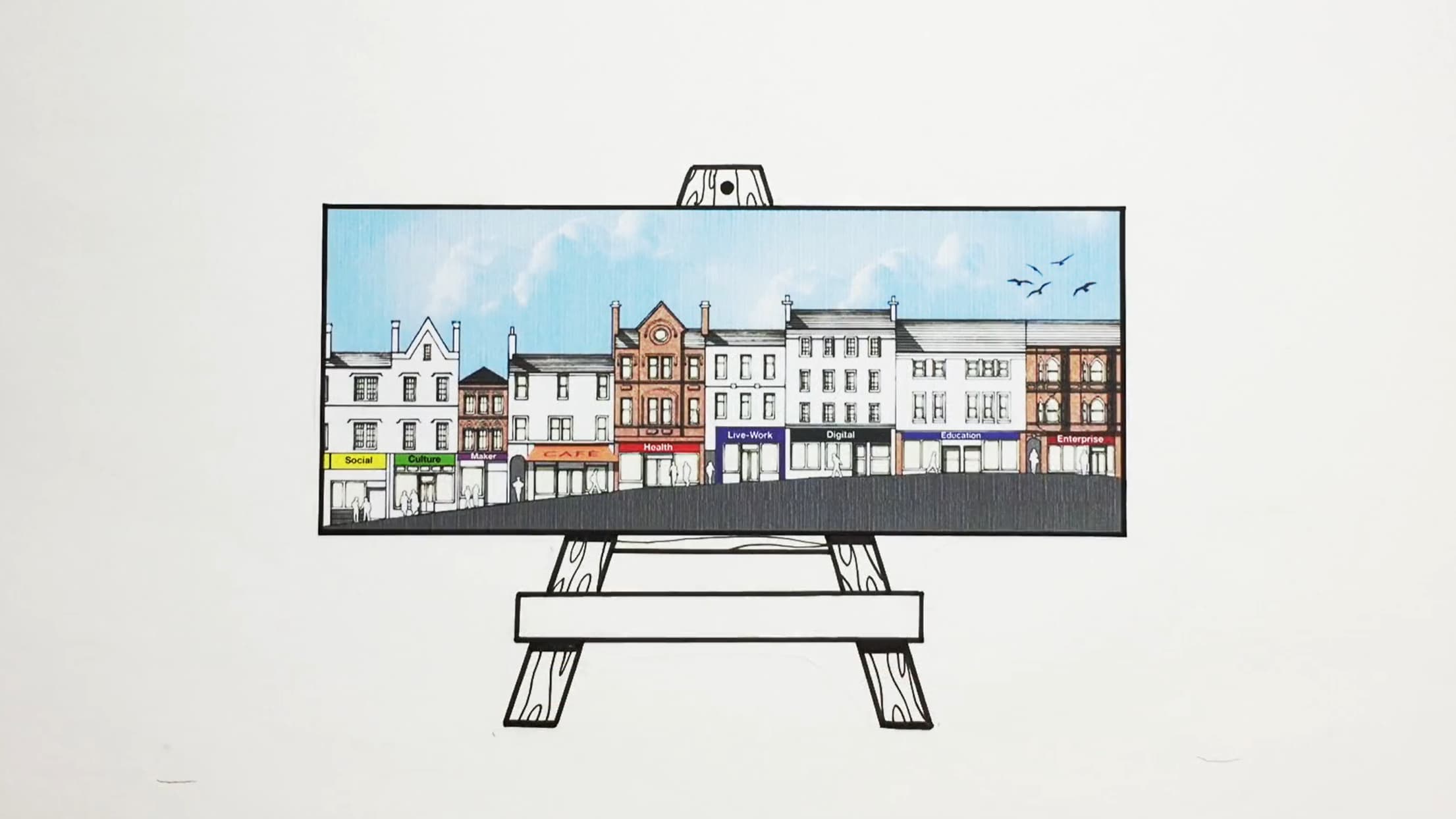 An illustrative drawing of a row of buildings from a town centre drawn on an easel.