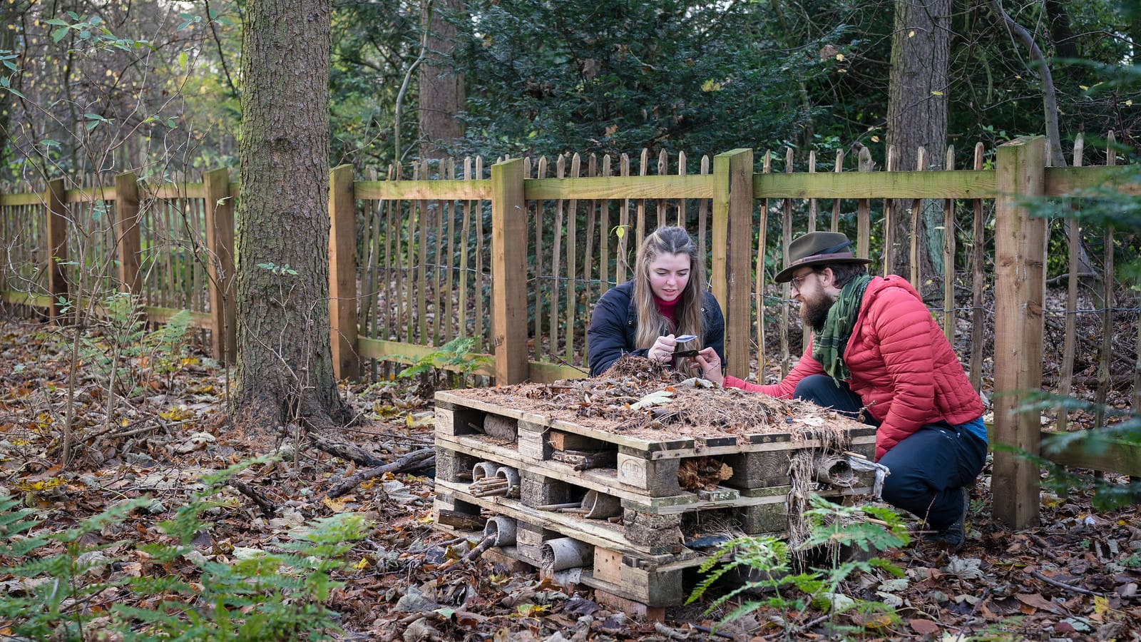 Two people are kneeling beside a two-foot-high bug house beside a wooden fence and forested area.