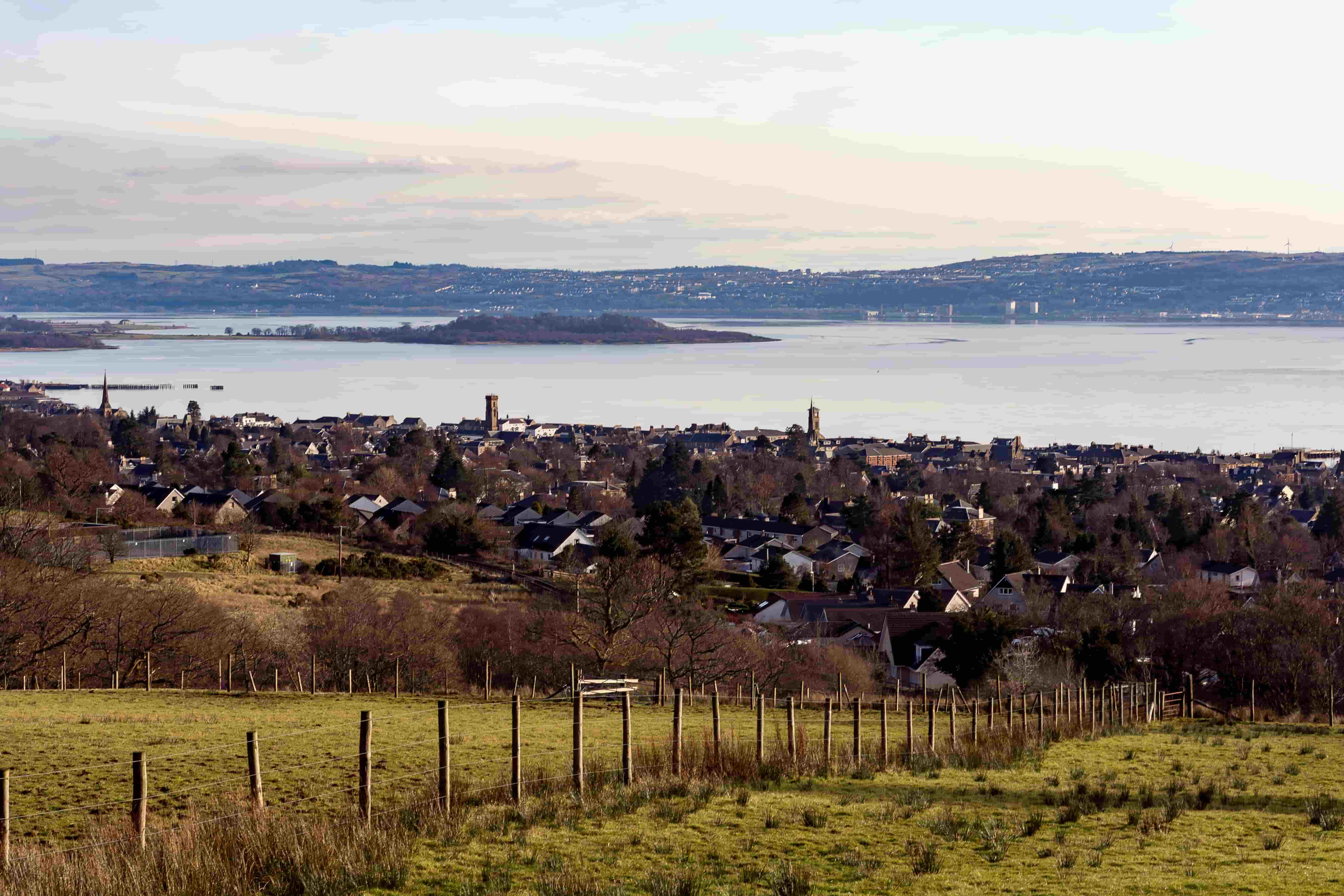 View from a hill overlooking a coastal Scottish town