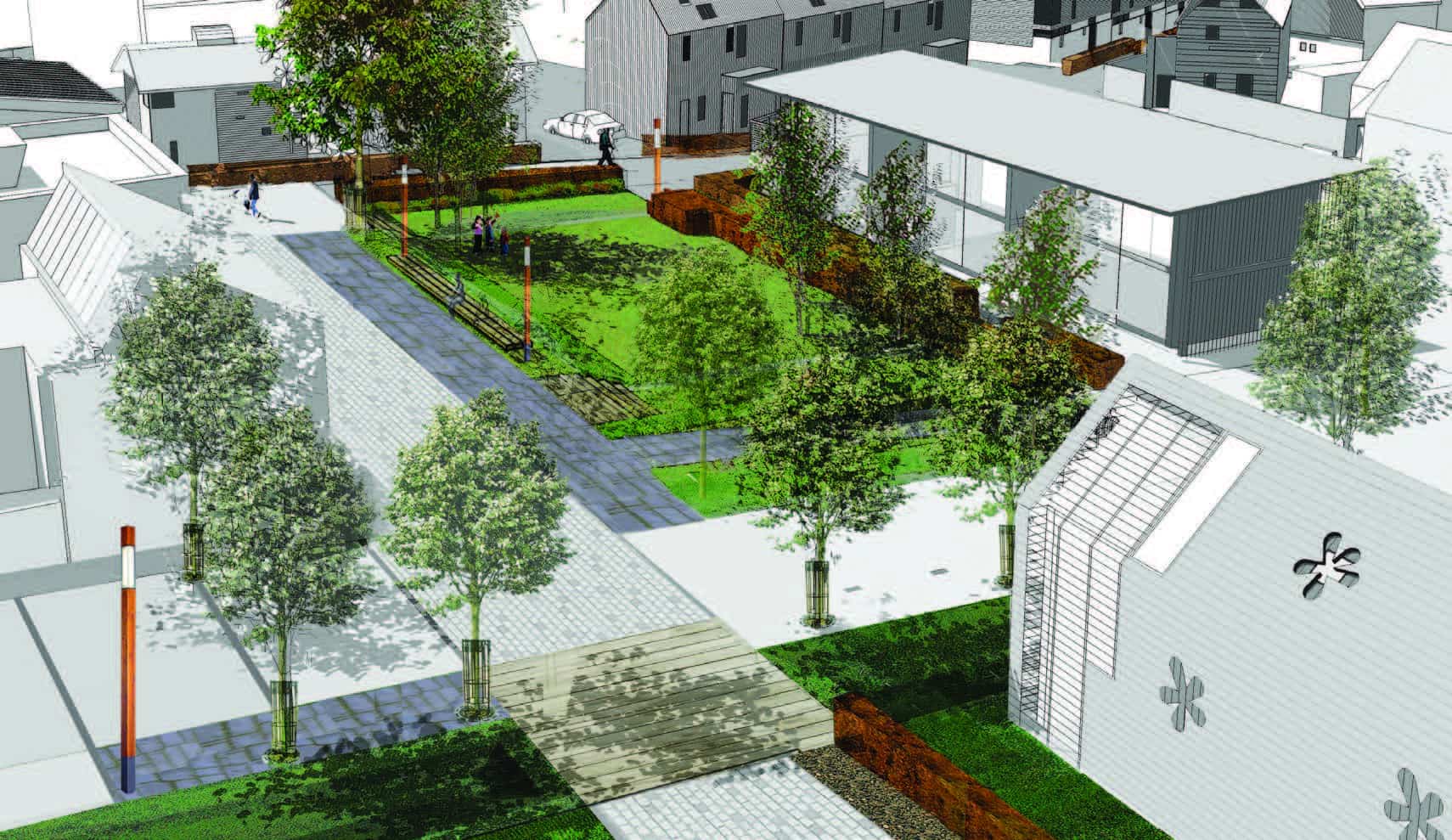 An architectural illustration of the streetscape at Scotland's Housing Expo, with modern buildings, green spaces, pathways and trees.