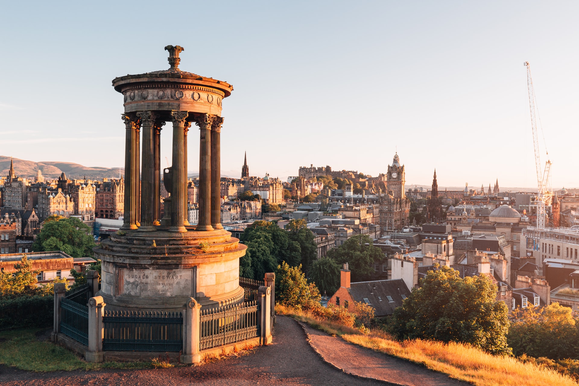 The Edinburgh skyline from Calton Hill at sunset on a clear day.