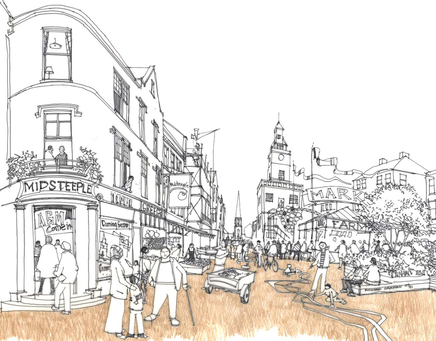 An illustration of Midsteeple town centre with people shopping, walking and playing in the high street. 