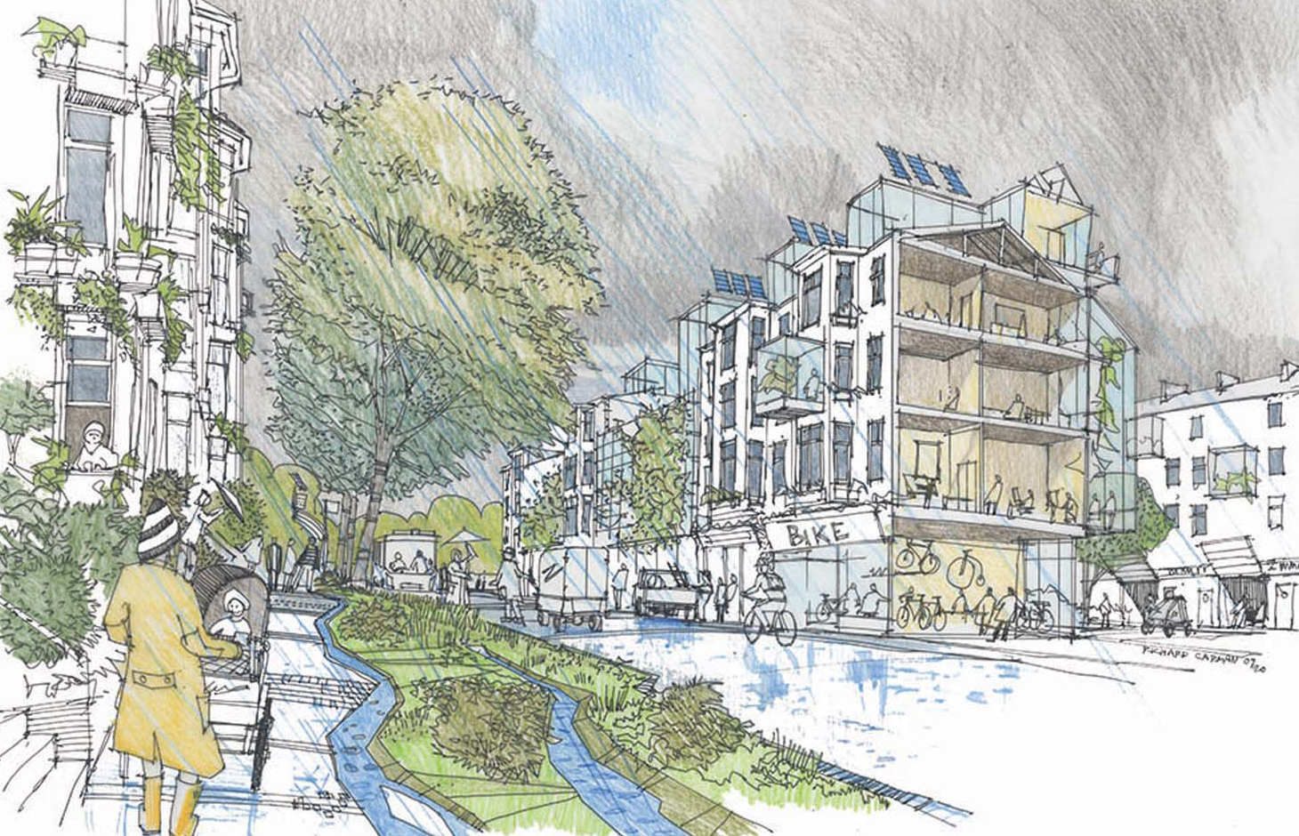 An architectural sketch of a high street and housing in a town centre with trees, grass and water running alongside it.